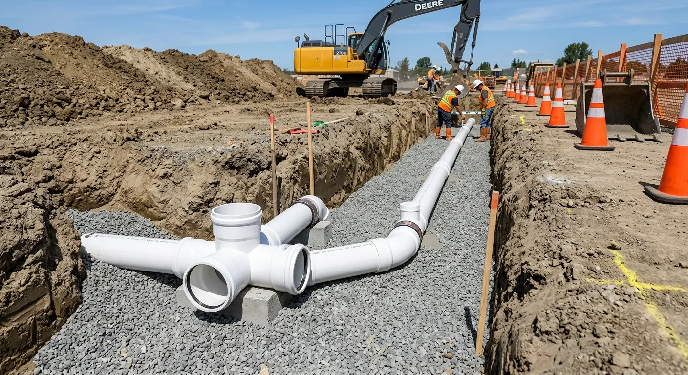 New PVC sewer pipe installation in open trench for Sewer Camera Inspection in Pacific