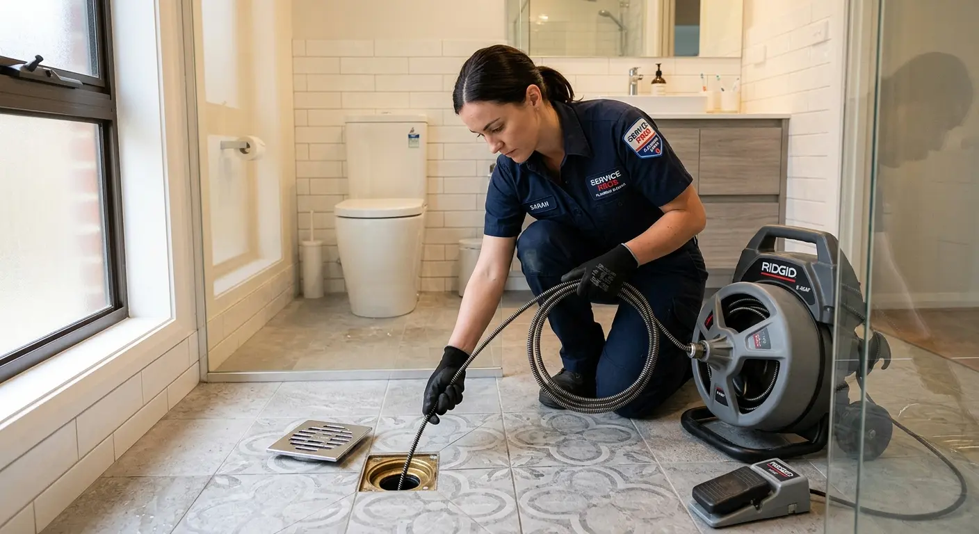 Technician clearing a bathroom floor drain for Sewer Line Installation in Pacific